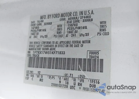 2001 Ford F-150 Lariat/Xl/Xlt z USA, uszkodzony, nr VIN 1FTRX17W51KF71833